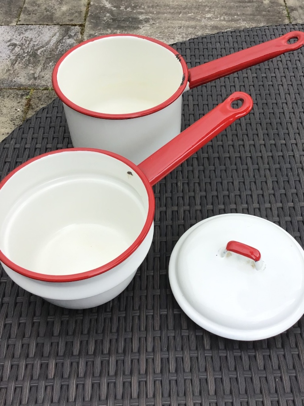 Vintage Enamelware Double Boiler White Red 3 Piece Set Farmhouse - Picture 1 of 15